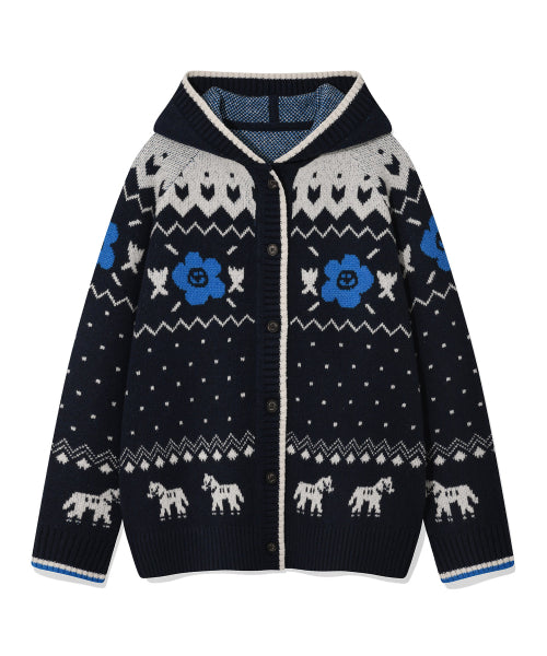 Women's Nordic Patterned Hooded Cardigan Navy