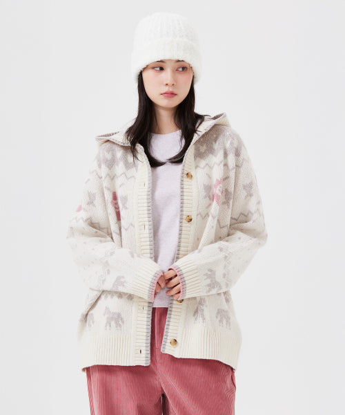 Women's Nordic Patterned Hooded Cardigan Cream