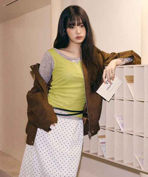 SLEEVELESS LAYERED T-SHIRT SET GY+OL