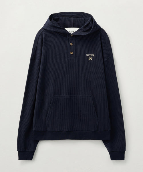 Half Button Waffle Hoodie Navy