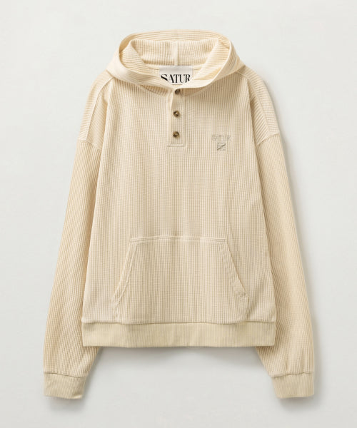 Half Button Waffle Hoodie Cream