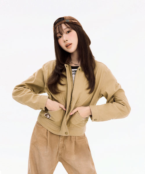 Women's Collar Color Washing Cotton Jacket Beige