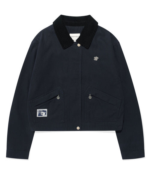 Women's Collar Color Washing Cotton Jacket Navy
