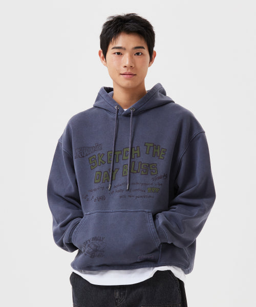 Dying typo Graphic Hooded Sweat Blue