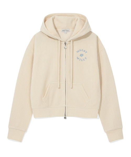 Women's Velvet Corduroy Cropped Hooded Zip-Up Cream