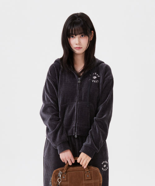 Women's Velvet Corduroy Cropped Hooded Zip-Up Charcoal