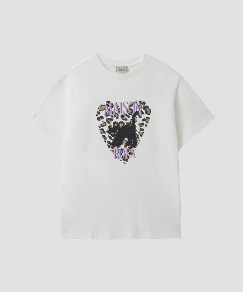 LEOPARD HEART CAT PIGMENT T-SHIRT IVORY