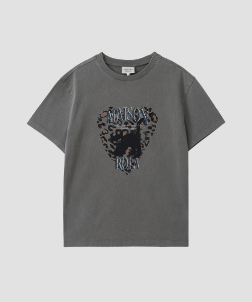 LEOPARD HEART CAT PIGMENT T-SHIRT CHARCOAL