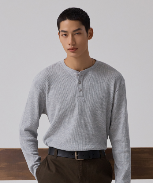 Waffle Henley neck long-sleeved T-shirt_SPLWF49C03