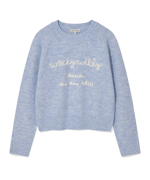Women's Hairy Lettering Embroidery Pullover Sky Blue