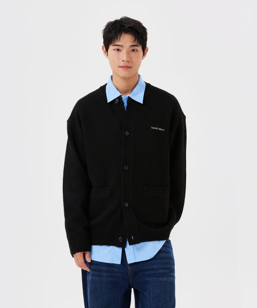 typo logo round neck cardigan black