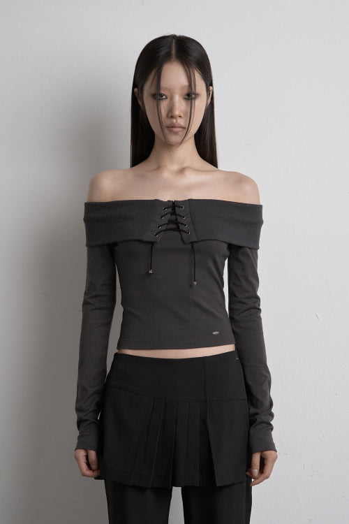 EYELET OFF SHOULDER TOP CHARCOAL