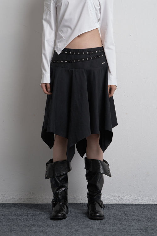 EYELET UNBALANCED MIDI SKIRT BLACK
