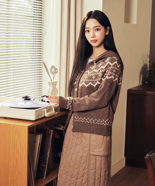 Nordic Pattern Hoodie Sweater Cardigan - W_ORANGE BROWN