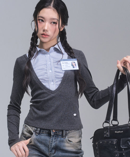 Katie Layered Long Sleeve Top [CHARCOAL]