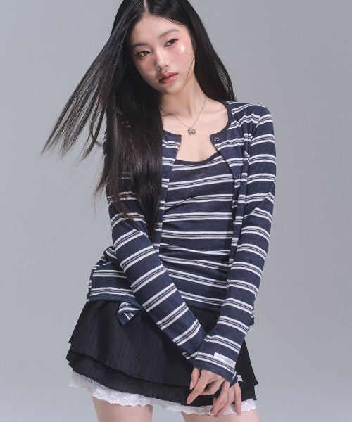 Kelly Stripe Cardigan Set [NAVY]