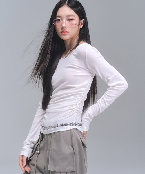 Joy Shirring Long Sleeve Top [WHITE]