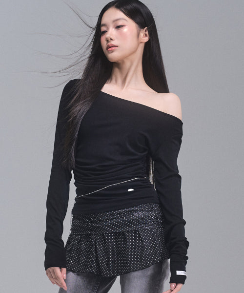 Joy Shirring Long Sleeve Top [BLACK]