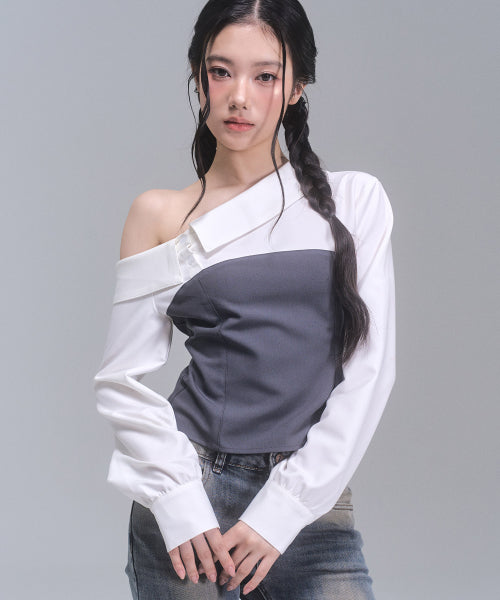 Aimee Unbalanced Off-Shoulder Shirt [CHARCOAL]