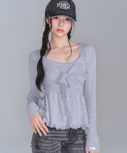 Daisy frill knit cardigan set [GREY]