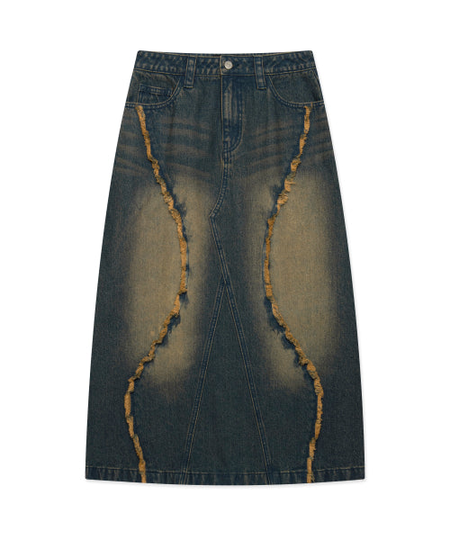 WM CURVED RAW EDGE DENIM MAXI SKIRT blue