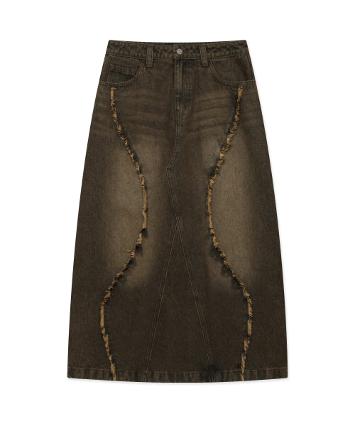 WM CURVED RAW EDGE DENIM MAXI SKIRT brown