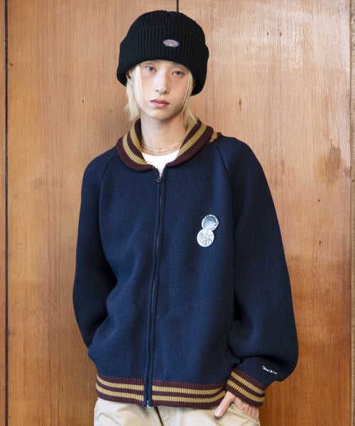 GNT072 Stripe Lip Pharaoh Knit Zip Up (NAVY)