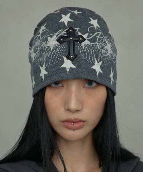 BADDIE ANGEL CROSS BEANIE_CHARCOAL