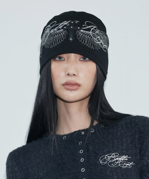 BADDIE ANGEL CROSS BEANIE_BLACK