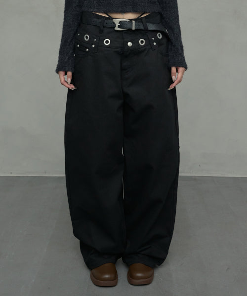 EYELET DOUBLE WAIST PANTS_BLACK