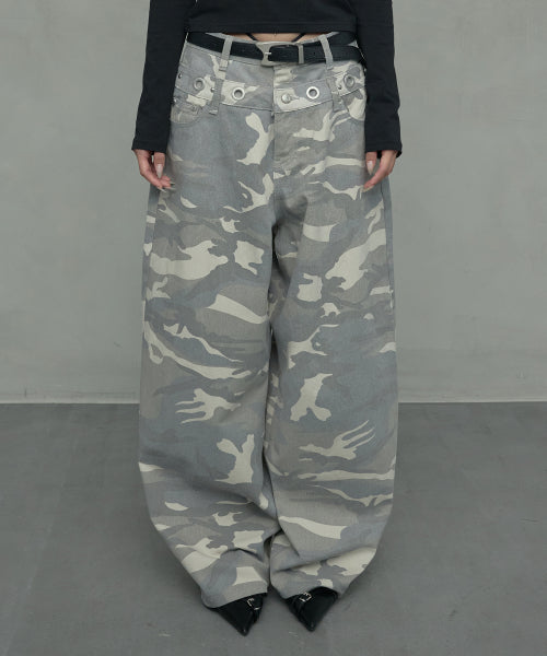EYELET DOUBLE WAIST PANTS_GREY CAMO