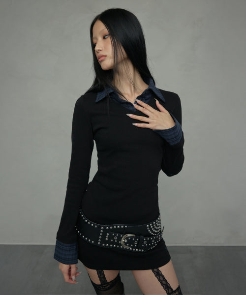 LAYERED CHECK SHIRT DRESS_BLACK
