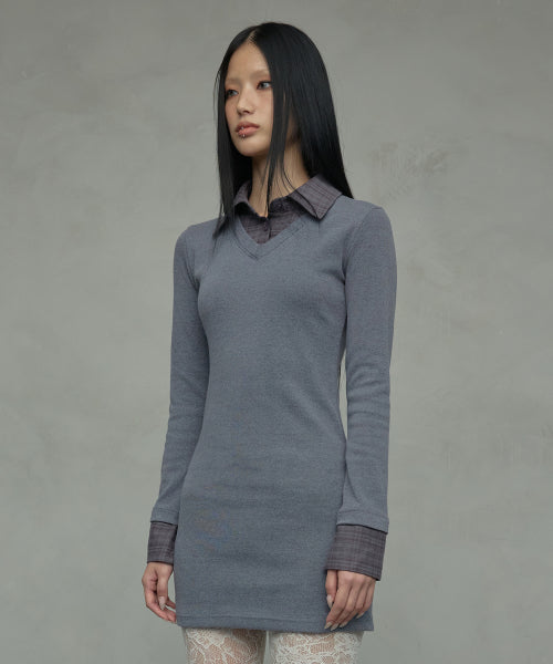 LAYERED CHECK SHIRT DRESS_MELANGE GREY