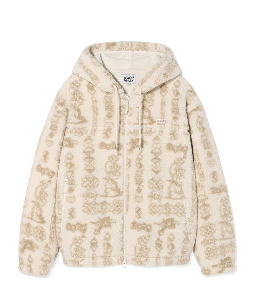fleece pattern hooded jumper cream
