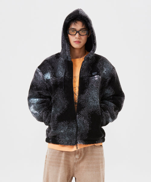 fleece-patterned hooded jumper black