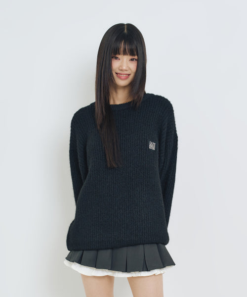 Hair Ornament Heart Embroidery Pullover Knit BLACK