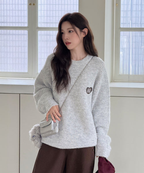 Hair Ornament Heart Embroidered Pullover Knit LIGHT GREY