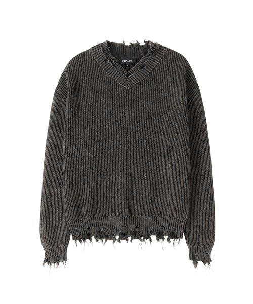 Vintage Damage V-Neck Loose Knit - CHARCOAL