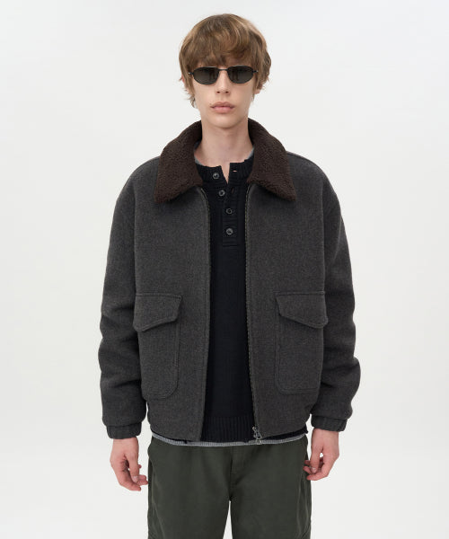 Detachable Collar Cashmere Blouson GREY BROWN