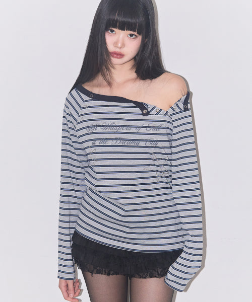 Lettering Snap Long Sleeve Navy Stripe