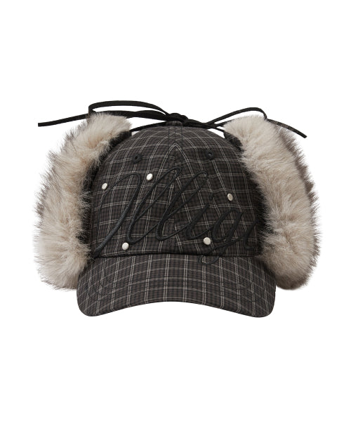 Fluffy earflap cap checkered green