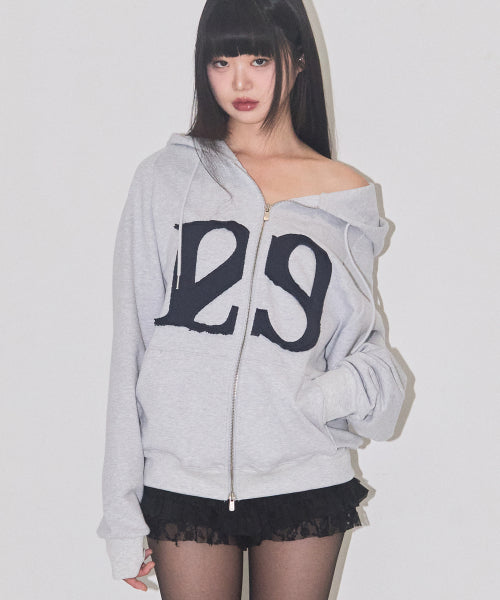 129 Logo Patch Hooded Zip-Up White Melange