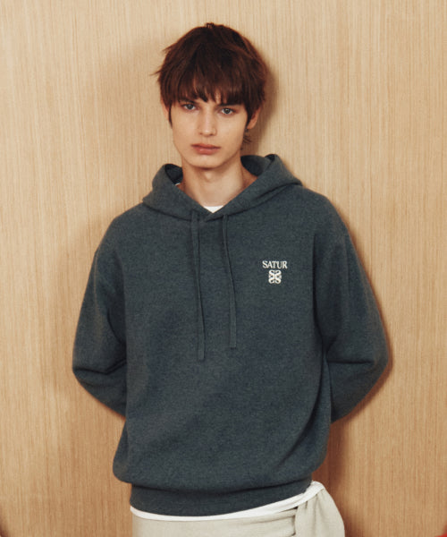 Classic Semi Loose Fit Knit Hoodie Blue