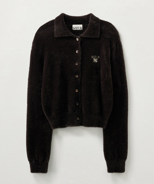 (W) Hairy Collar Knit Cardigan Dark Brown