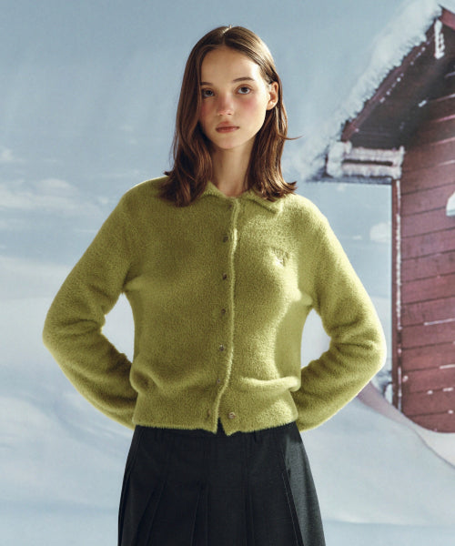 (W) Hairy Collar Knit Cardigan Olive Green