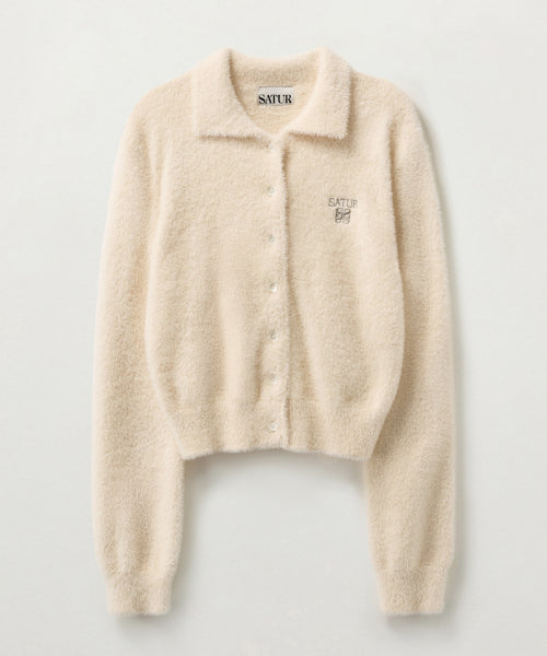 (W) Hairy Collar Knit Cardigan Cream