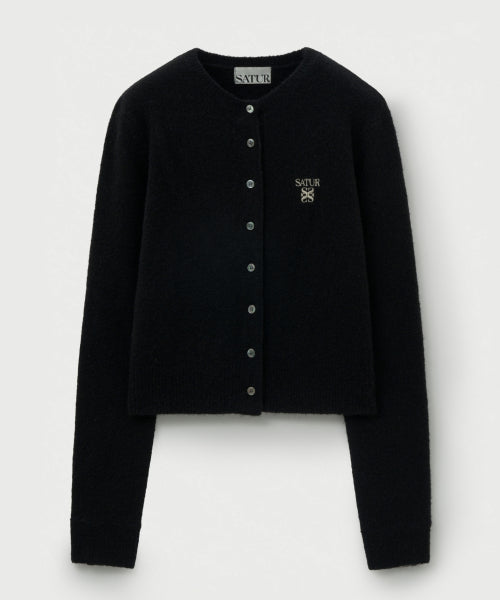 (W) Loren Wool Blend Crew Neck Knit Cardigan Black