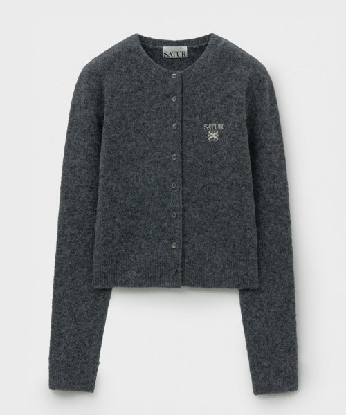 (W) Loren Wool Blend Crew Neck Knit Cardigan Charcoal