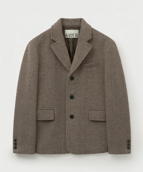 Herringbone Wool Blend Single Blazer Brown