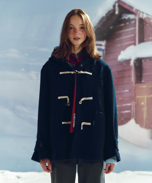 (W) Hood Wool Blend Duffle Half Coat Navy